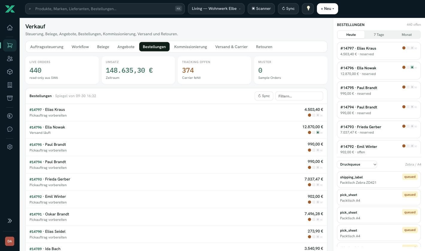 sellxio, Verkauf: Bestellungen aus Shopware mit Betrag und Status, rechts die laufende Bestellliste und die Druckwarteschlange