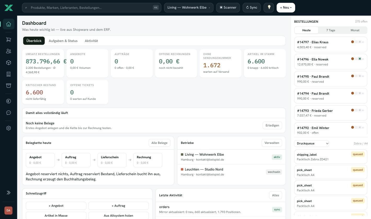 sellxio, Dashboard: Umsatz, offene Sendungen, kritischer Bestand, Belegkette und Betriebe auf einen Blick
