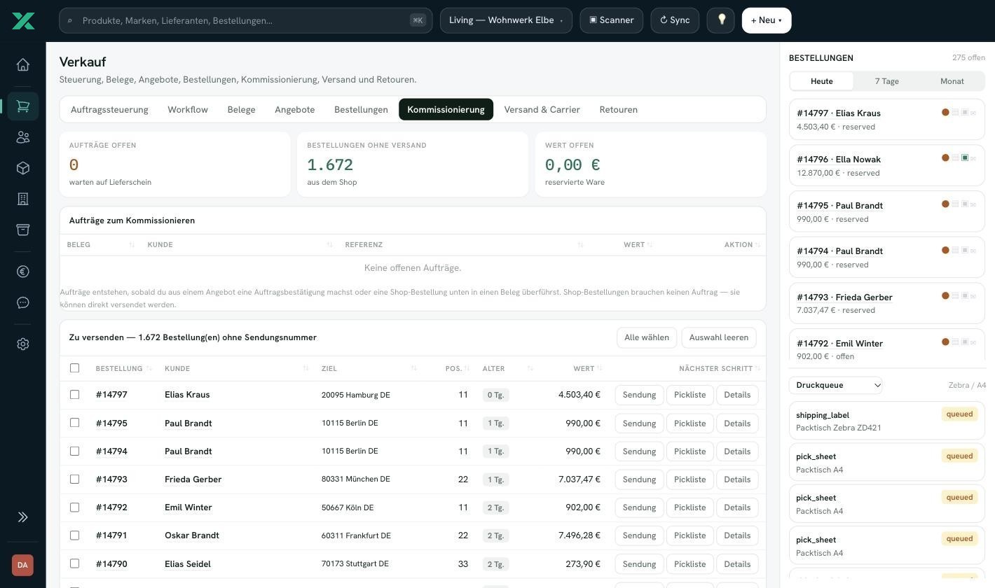 sellxio, Kommissionierung: Bestellungen ohne Sendungsnummer mit Ziel, Positionen, Alter und den Knöpfen Sendung, Pickliste und Details