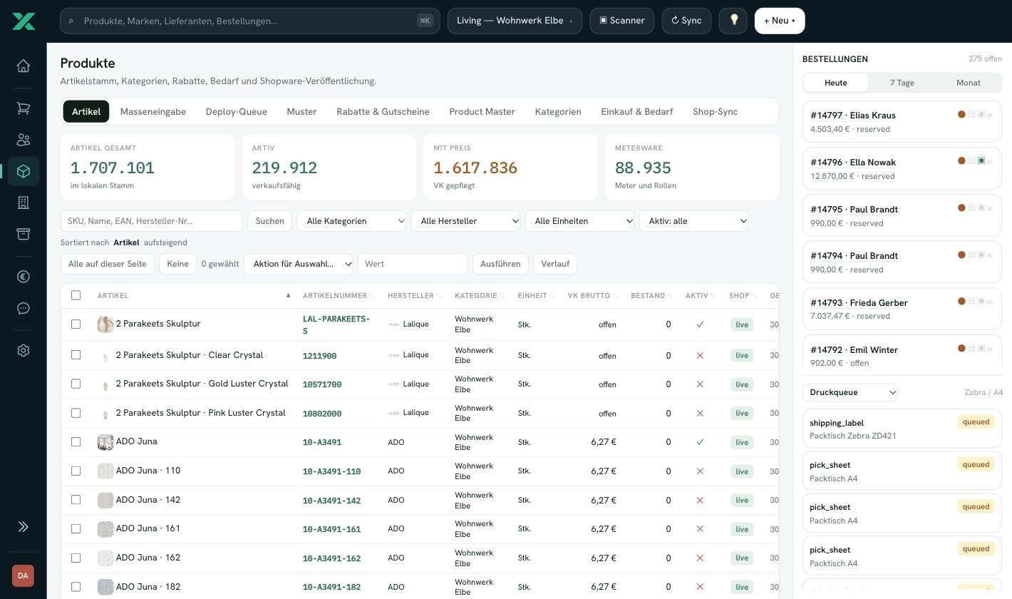 sellxio, Produkte: Artikelstamm mit Kennzahlen zu aktiven Artikeln, Preisen und Meterware, darunter die Artikelliste mit Filtern
